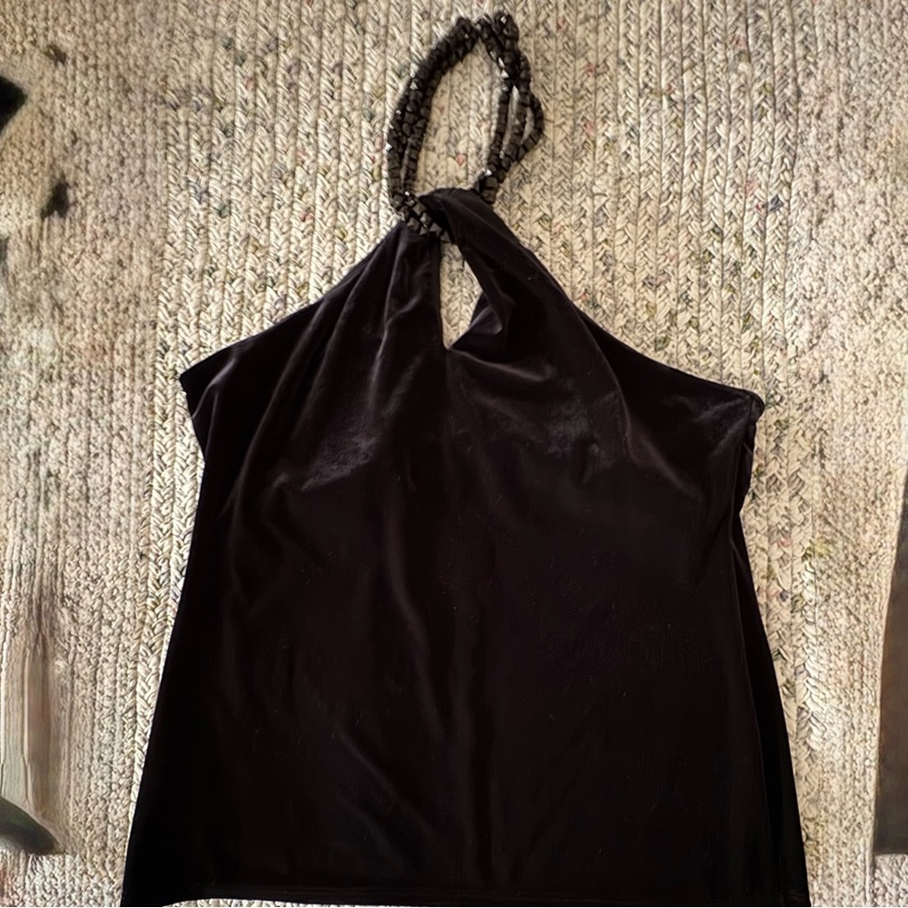 Boston Proper Black Velvet Halter Top with Beaded Detail